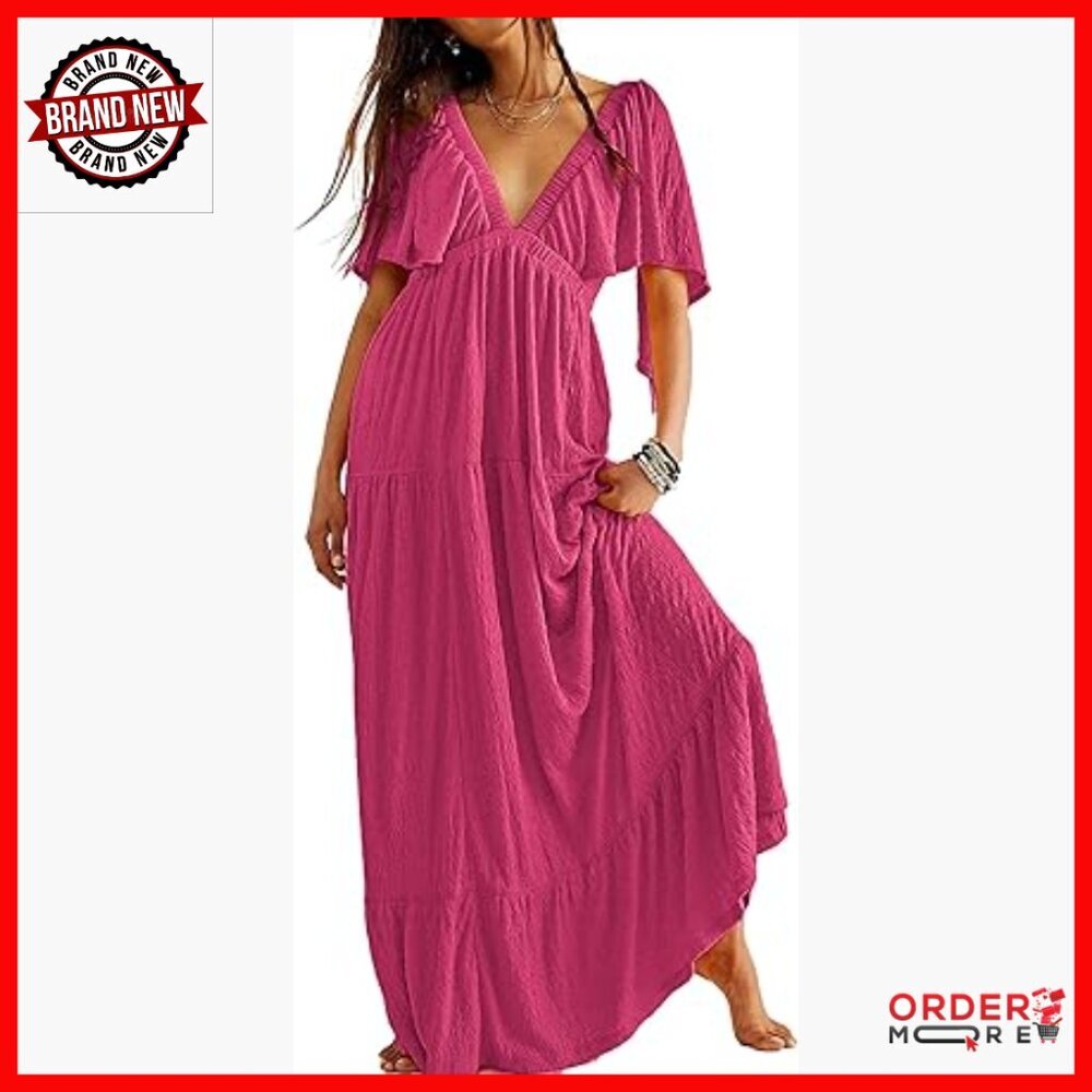 V-Neck Backless Maxi Dress with Flutter Sleeves, Elastic Waist, Tiered